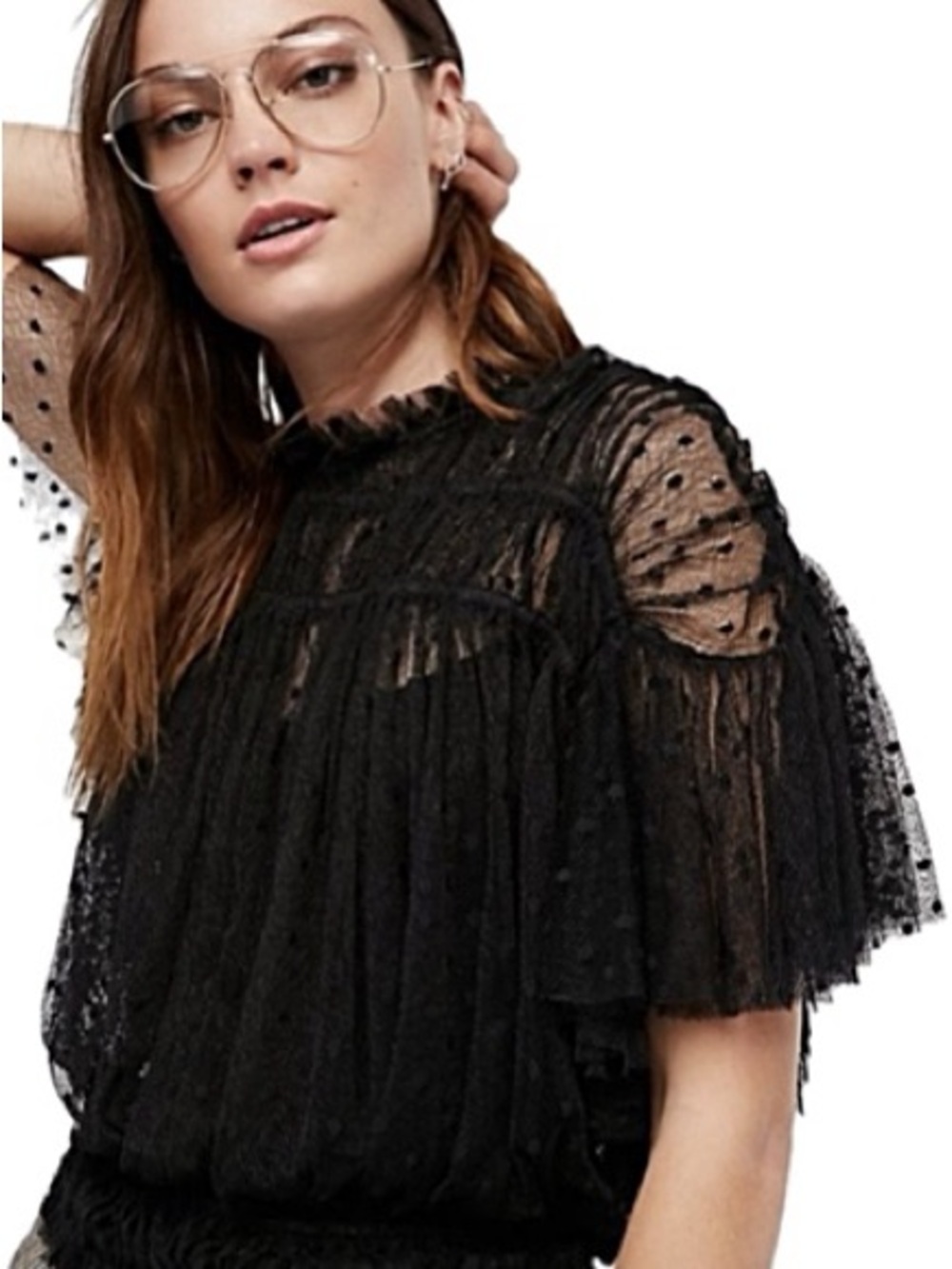 Free People Sheer Black Mesh Swiss Dot Flutter Sleeven Ruched Top Size Small